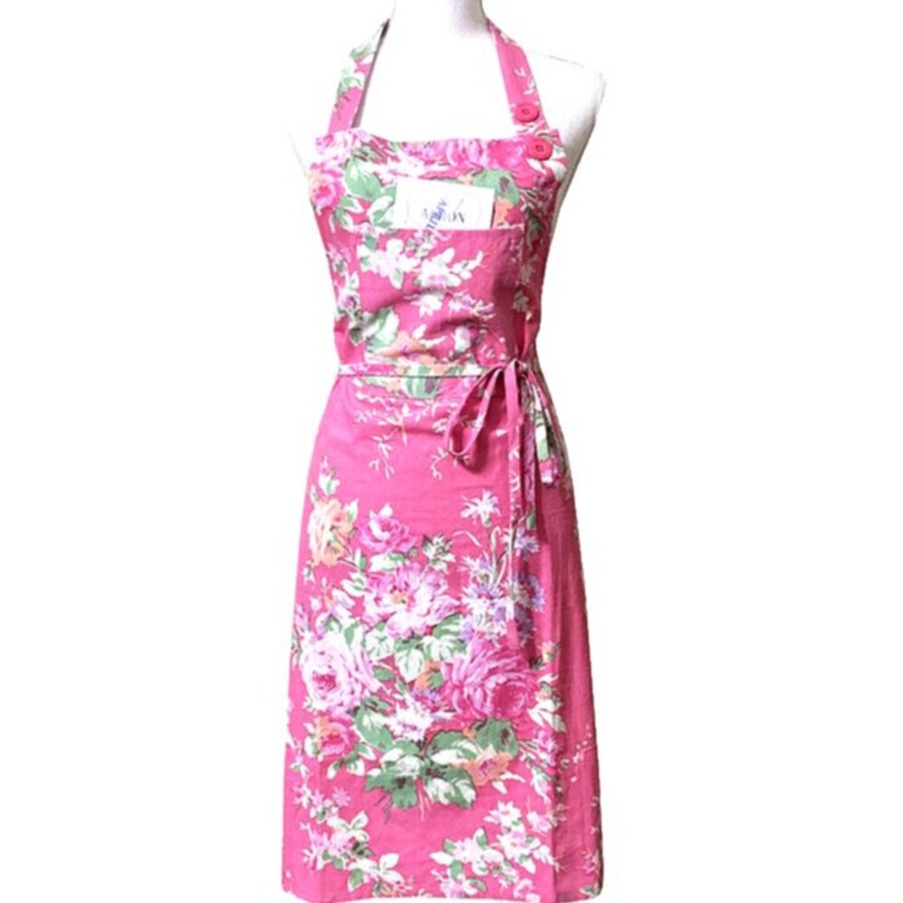 April Cornell Apron Pink Cottage Rose French Country Flowers 100% Cotton